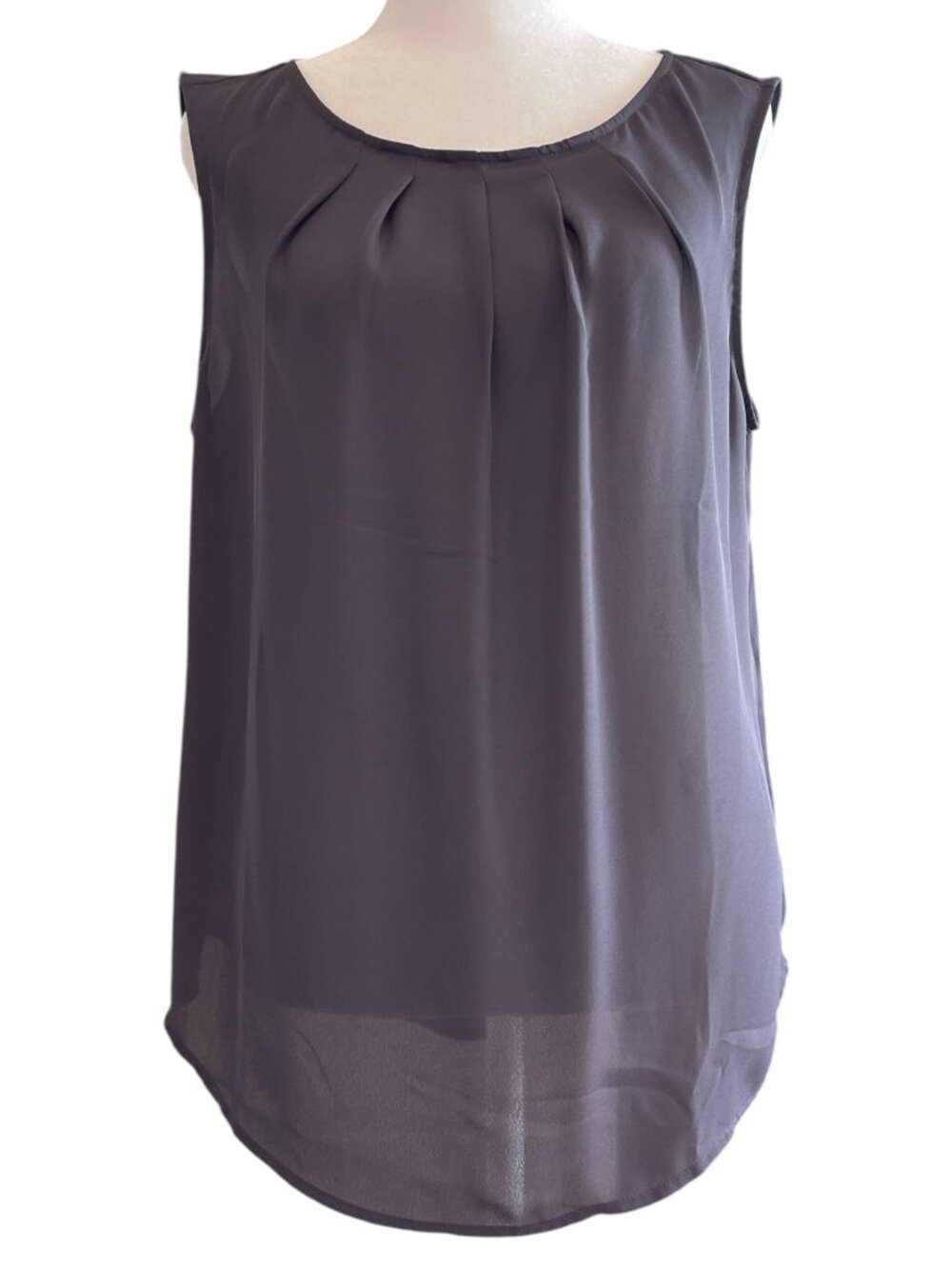 Gray Sheer Pleated Scoop Neck Sleeveless Shell Blouse Tank Top w Button Closure